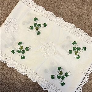 Vintage embroidered shamrock and lace table runner